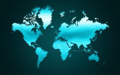 Creativo blu, mondo, mappa, metallo, nero di carbonio, sfondo, mappa del mondo di concetti, sfondo di mappa del mondo