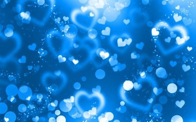 blue glare hearts, 4k, blue glitter background, creative, love concepts, abstract hearts, blue hearts