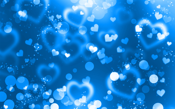 mavi Parlama kalpler, 4k, mavi glitter arka plan, yaratıcı, kavramlar, soyut kalpler, mavi kalpler aşk