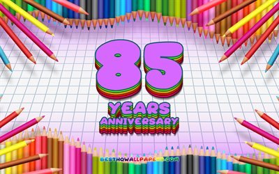4k, 85周年記念サイン, 色鉛筆をフレーム, コンセプト, 紫チェッカーの背景, 85周年, 創造, 85年記念