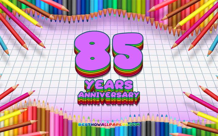 4k, 85e anniversaire de signer, coloré des crayons cadre, Anniversaire concept, violette a carreaux de fond, 85e anniversaire, créatif, 85 Ans Anniversaire
