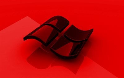 Windows red logo, 3D art, OS, red background, Windows 3D logo, Windows, creative, Windows logo