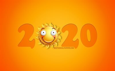 2020 New Year, Yellow 2020 background, sun icon, 2020 3d art, creative art, 2020, happy new year 2020, 3d yellow 2020 background, 2020 concepts