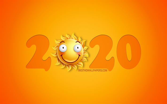 2020 neue jahr, die gelbe 2020 hintergrund, symbol sonne, 2020-3d kunst, kunst, 2020, gl&#252;ckliches neues jahr 2020, 3d-gelben 2020 hintergrund, 2020-konzepte
