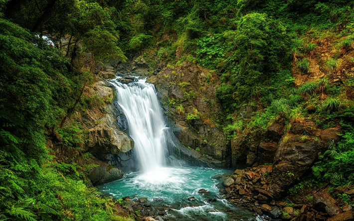 waterfall, forest, rock, blue lake, mountain river, beautiful waterfall, Taiwan