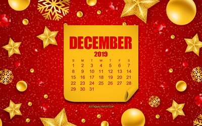 December 2019 Calendar, Red Christmas background, New Year, December, Christmas background with golden decorations, 2019 December Calendar