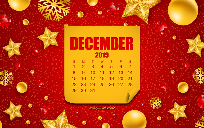 كانون الأول / ديسمبر 2019 التقويم, الأحمر خلفية عيد الميلاد, السنة الجديدة, كانون الأول / ديسمبر, خلفية عيد الميلاد مع زخارف ذهبية, 2019 كانون الأول / ديسمبر التقويم