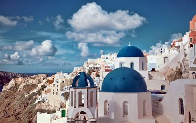 4k, Santorini, white buildings, Aegean Sea, cityscapes, greek cities, Greece, Europe