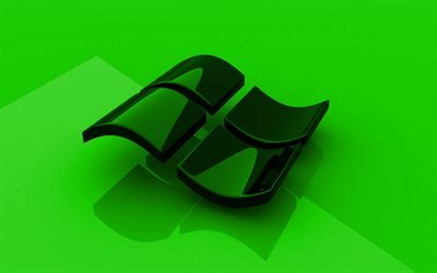 Windows green logo, 3D art, OS, green background, Windows 3D logo, Windows, creative, Windows logo