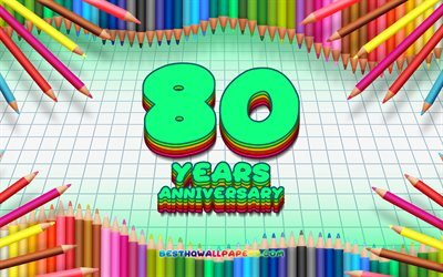 4k, du 80e anniversaire de signer, coloré des crayons cadre, Anniversaire concept, turquoise à carreaux de fond, 80e anniversaire, créatif, 80 Ans Anniversaire