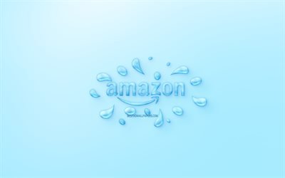 Amazon logo, water logo, emblem, blue background, Amazon logo made of water, creative art, water concepts, Amazon
