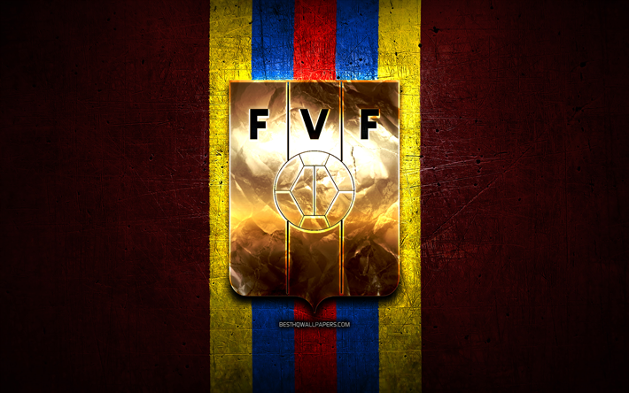 Venezuela Squadra Nazionale di Calcio, logo dorato, Sud America, Conmebol, rosso, metallo, sfondo, Bolivar squadra di calcio, il calcio, il FVF logo, calcio, Venezuela