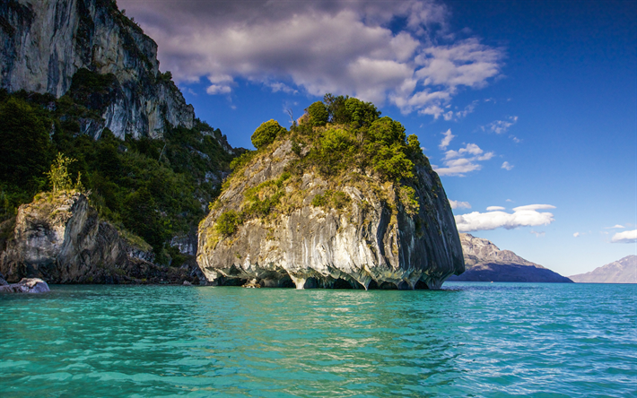 ocean, rocky coast, kaunis saari, mountain maisema, Patagonia, Chile