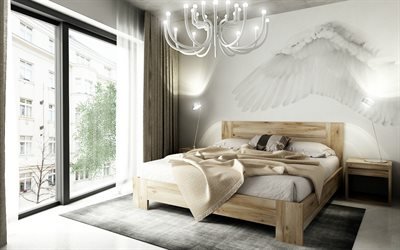 stylish bedroom interior, modern style, light wooden bed, wing painted on the wall, bedroom, modern interior design