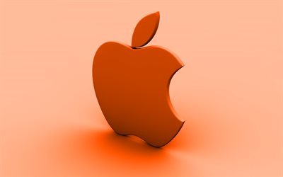 Apple orange logo, arri&#232;re-plan orange, cr&#233;atif, Apple, minimal, le logo Apple, œuvres d&#39;art, Apple logo 3D