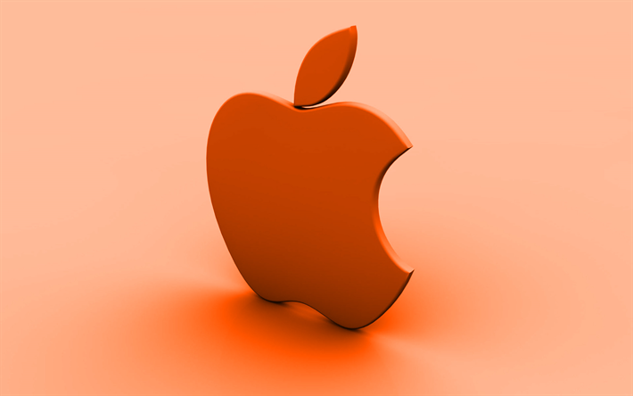 Apple orange logotyp, orange bakgrund, kreativa, Apple, minimal, Apples logotyp, konstverk, Apple 3D-logotyp