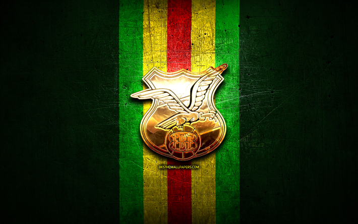 Bolivya Milli Futbol Takımı, altın logo, G&#252;ney Amerika, Conmebol, yeşil metal arka plan, Bolivya futbol takımı, futbol, FBF logo, Bolivya