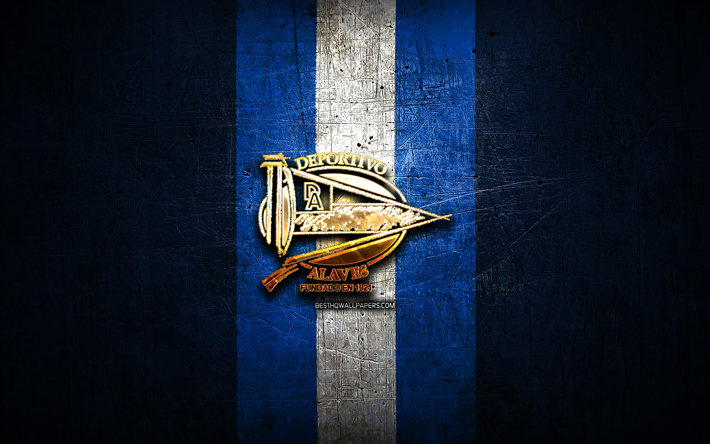 El Deportivo Alaves, de oro logo de La Liga, La de metal de color azul de fondo, el f&#250;tbol, el Deportivo Alaves FC, club de f&#250;tbol espa&#241;ol, el Deportivo Alaves logo, futbol, LaLiga, Espa&#241;a