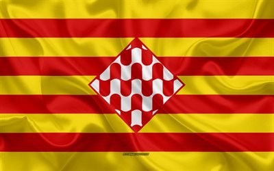 girona flagge, 4k, seide textur, seide flagge, spanische provinz, girona, spanien, europa, flagge von girona, fahnen der spanischen provinzen