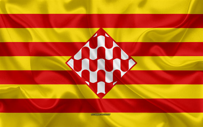 Girona Drapeau, 4k, la texture de la soie, de la soie du drapeau, province espagnole de G&#233;rone, en Espagne, en Europe, le Drapeau de la province de G&#233;rone, les drapeaux des provinces espagnoles