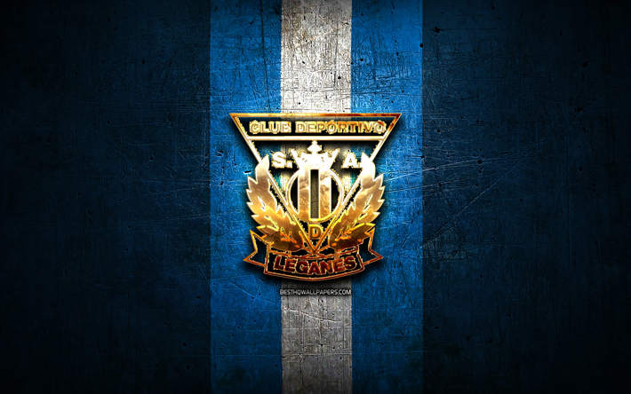 Deportivo Leganes, golden logo, La Liga, blue metal background, football, CD Leganes, spanish football club, Deportivo Leganes logo, soccer, LaLiga, Spain
