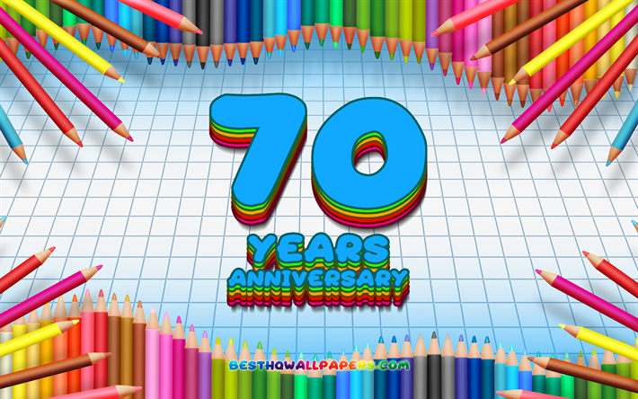 4k, 創立70周年記念サイン, 色鉛筆をフレーム, コンセプト, 青チェッカーの背景, 創立70周年記念, 創造, 70周年記念