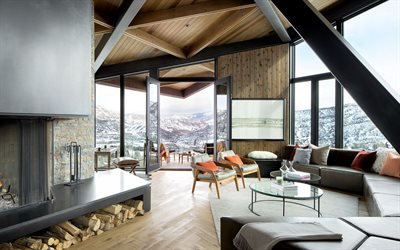 living room, country house in the mountains, stylish interior, loft style, fireplace in the living room