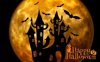 Happy Halloween, 4k, darkness, Halloween castle, moon, night, Halloween