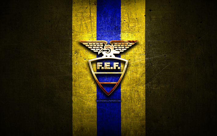 Ekvador Milli Futbol Takımı, altın logo, G&#252;ney Amerika, Conmebol, sarı metal arka plan, Ekvador futbol takımı, futbol, FEF logo, Ekvador