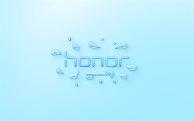 ehre, logo -, wasser -, logo-emblem, blauer hintergrund, ehren-logo aus wasser, kreative kunst, wasser, konzepte