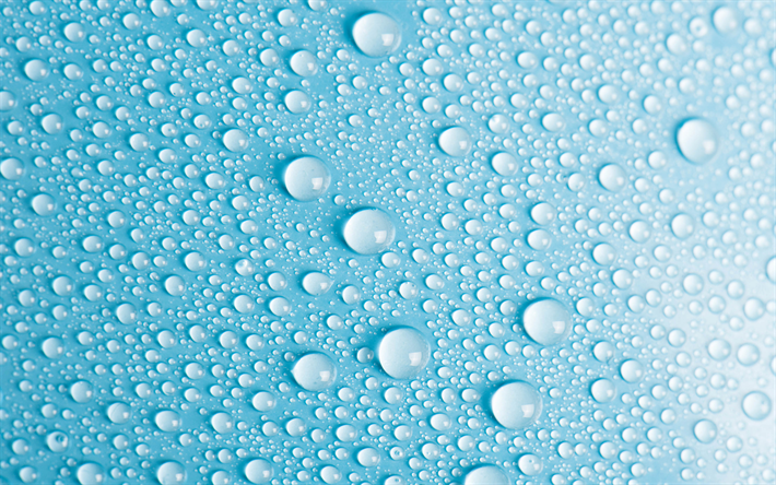 4k, water drops texture, macro, bokeh, drops on glass, blue backgrounds, water drops, water backgrounds, drops texture, water, drops on blue background