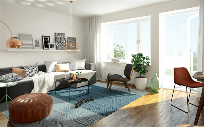moderna y elegante interior, sala de estar, de cuero redondo de color marr&#243;n sillones, interior de estilo de dise&#241;o