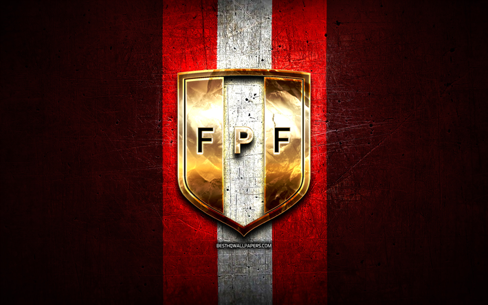 Peru National Football Team, golden logo, South America, Conmebol, red metal background, Peruvian football team, soccer, FPF logo, football, Peru