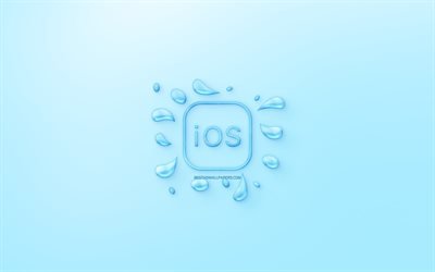 IOS logo, water logo, emblem, blue background, IOS logo made of water, creative art, water concepts, IOS, Apple