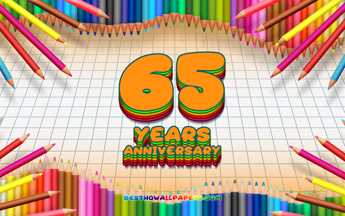 4k, 65e anniversaire de signer, coloré des crayons cadre, Anniversaire concept, orange à carreaux de fond, 65e anniversaire, créatif, 65 Ans Anniversaire