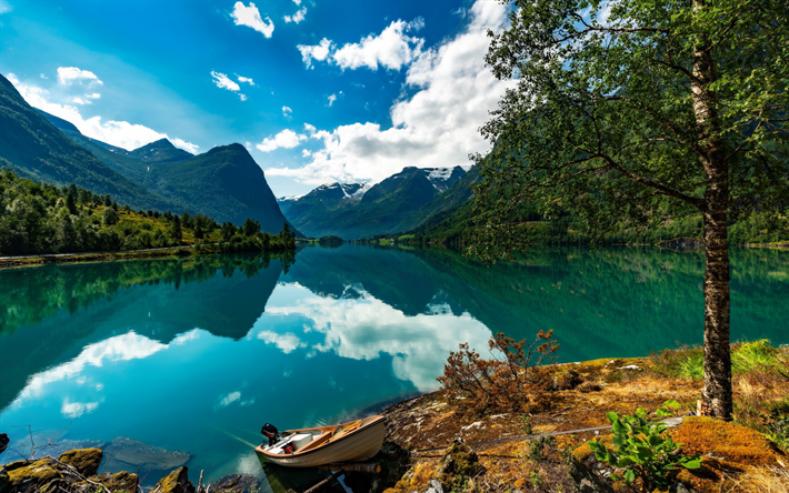 emerald lake, lago de origen glaciar, bosque, monta&#241;a, paisaje, primavera, lago, Noruega