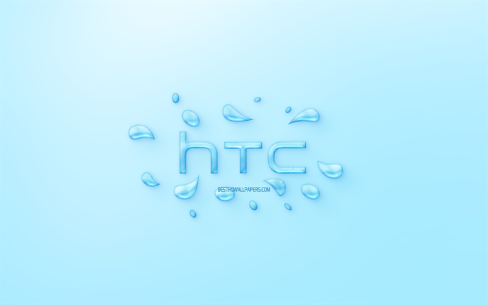 HTC logo, water logo, emblem, blue background, HTC logo made of water, creative art, water concepts, HTC