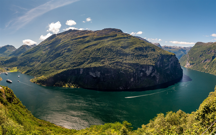 Geirangerfjord, yaz, dağlar, fjord, dağ manzarası, yolcu gemileri, Norve&#231;