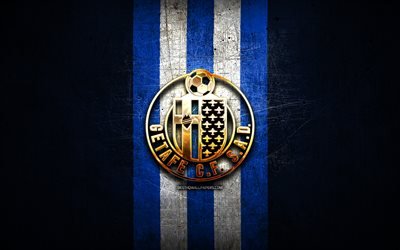 Getafe CF, golden logo, La Liga, blue metal background, football, Getafe FC, spanish football club, Getafe logo, soccer, LaLiga, Spain