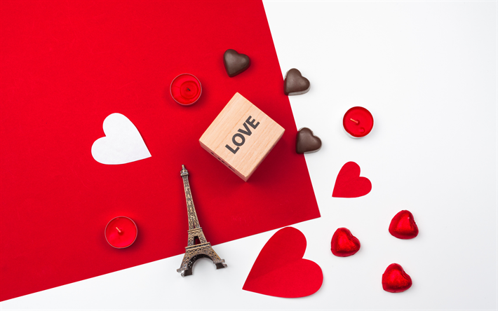 Love concepts, Paris, romance, heart concepts, chocolates, red romantic background