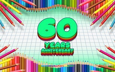 4k, 60th anniversary sign, colorful pencils frame, Anniversary concept, turquoise checkered background, 60th anniversary, creative, 60 Years Anniversary