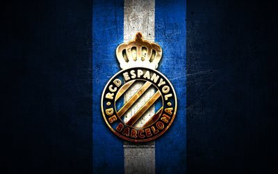 RCD Espanyol, golden logo, La Liga, blue metal background, football, Espanyol FC, spanish football club, Espanyol logo, soccer, LaLiga, Spain