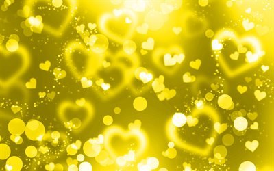 yellow glare hearts, 4k, yellow glitter background, creative, love concepts, abstract hearts, yellow hearts
