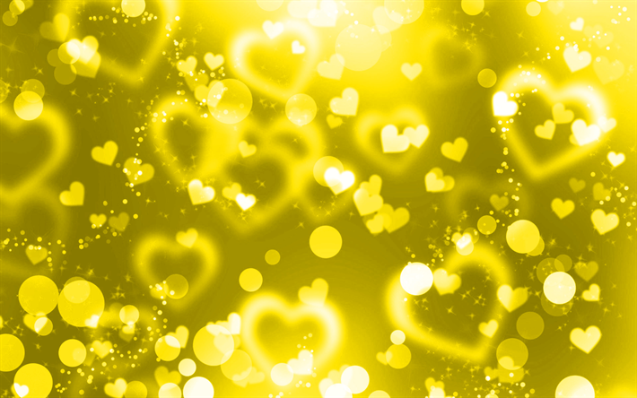 الأصفر وهج القلوب, 4k, الأصفر بريق الخلفية, الإبداعية, الحب المفاهيم, مجردة القلوب, قلوب صفراء