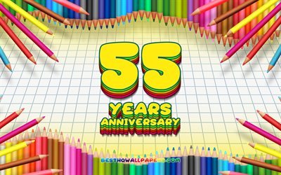 4k, 55e anniversaire de la signer, color&#233; des crayons cadre, Anniversaire concept, jaune &#224; carreaux de fond, 55e anniversaire, cr&#233;atif, 55 Ans Anniversaire