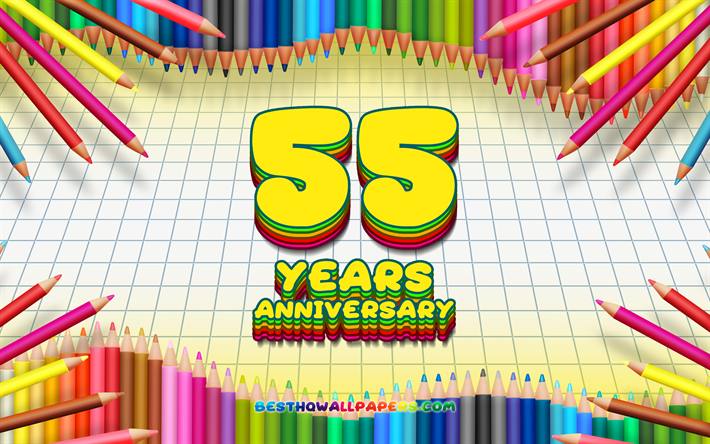 4k, 55 aniversario de signo, de colores l&#225;pices de marco, Aniversario concepto, amarillo fondo de cuadros, 55 aniversario, creativo, de 55 A&#241;os de Aniversario