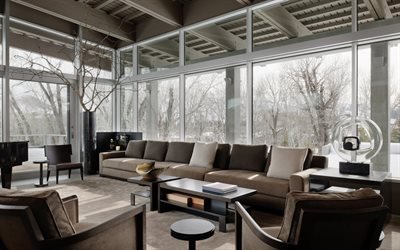 living room, retro interior style, stylish interior design, gray sofa, retro furniture