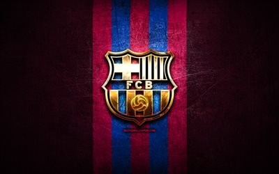 FC Barcelona, golden logotyp, Ligan, lila metall bakgrund, fotboll, spansk fotbollsklubb, FC Barcelona logo, FCB, LaLiga, Spanien
