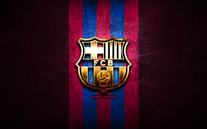 FC Barcelona, golden logo, La Liga, purple metal background, football, Barcelona FC, spanish football club, FC Barcelona logo, soccer, FCB, LaLiga, Spain