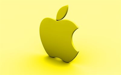 Apple黄ロゴ, 黄色の背景, 創造, Apple, 最小限の, Appleのロゴ, 作品, Apple3Dロゴ